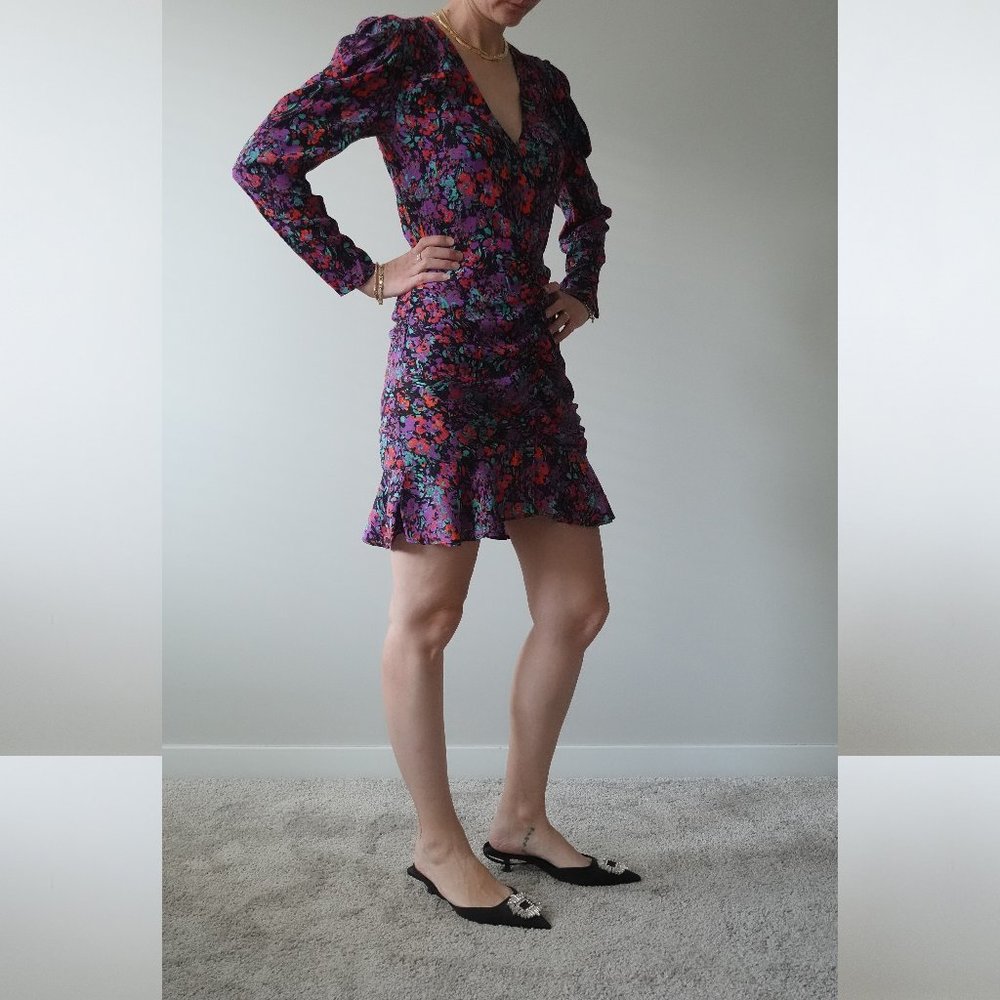 Zara Floral Printed V Neck Long Sleeve Ruched Dress Size 2 / 34 / XS